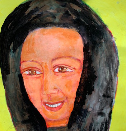 hand-painted portrait of bonnie wailee kwong smiling with bright yellow background