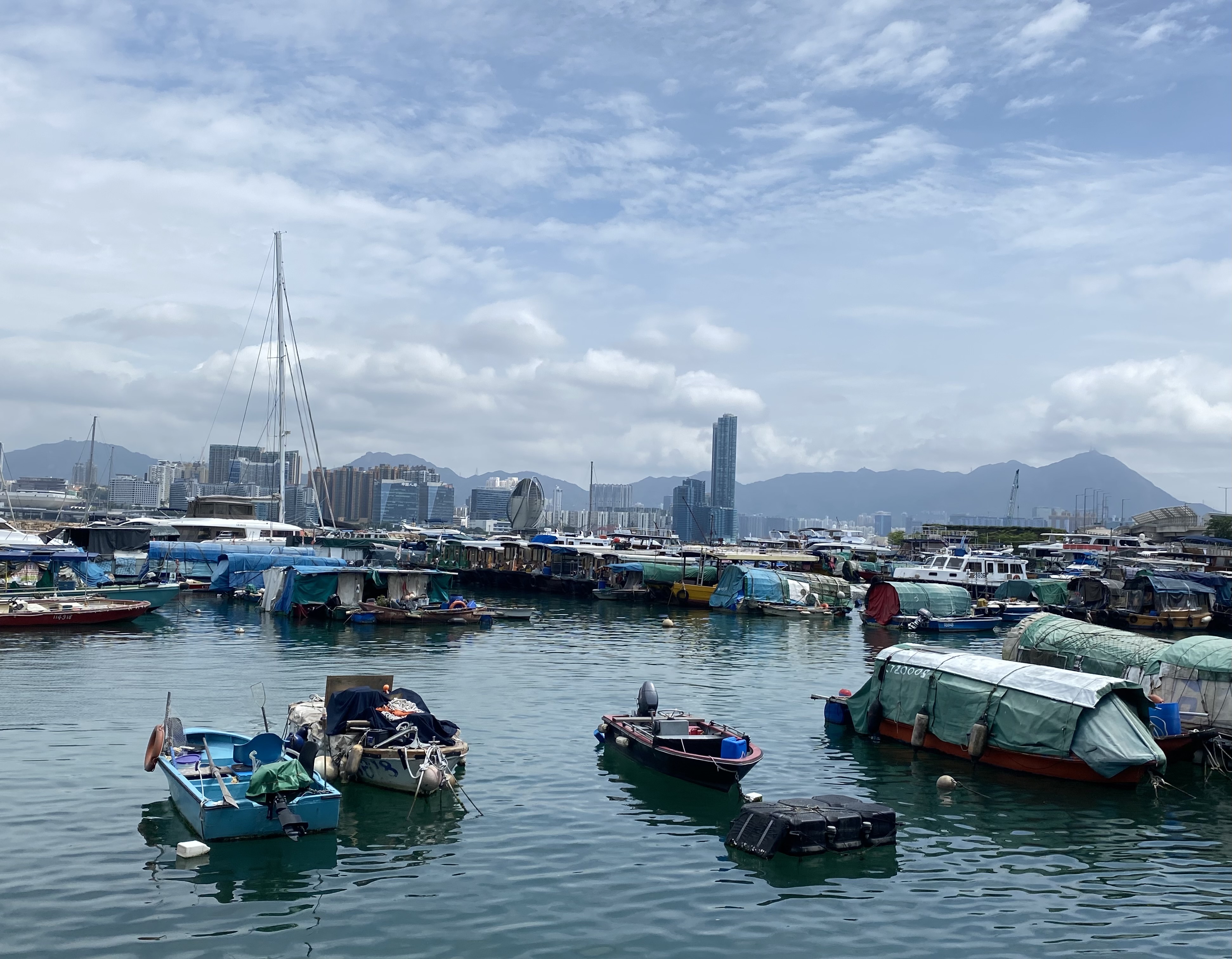 house boats and yachts against a skyline of tall buildings