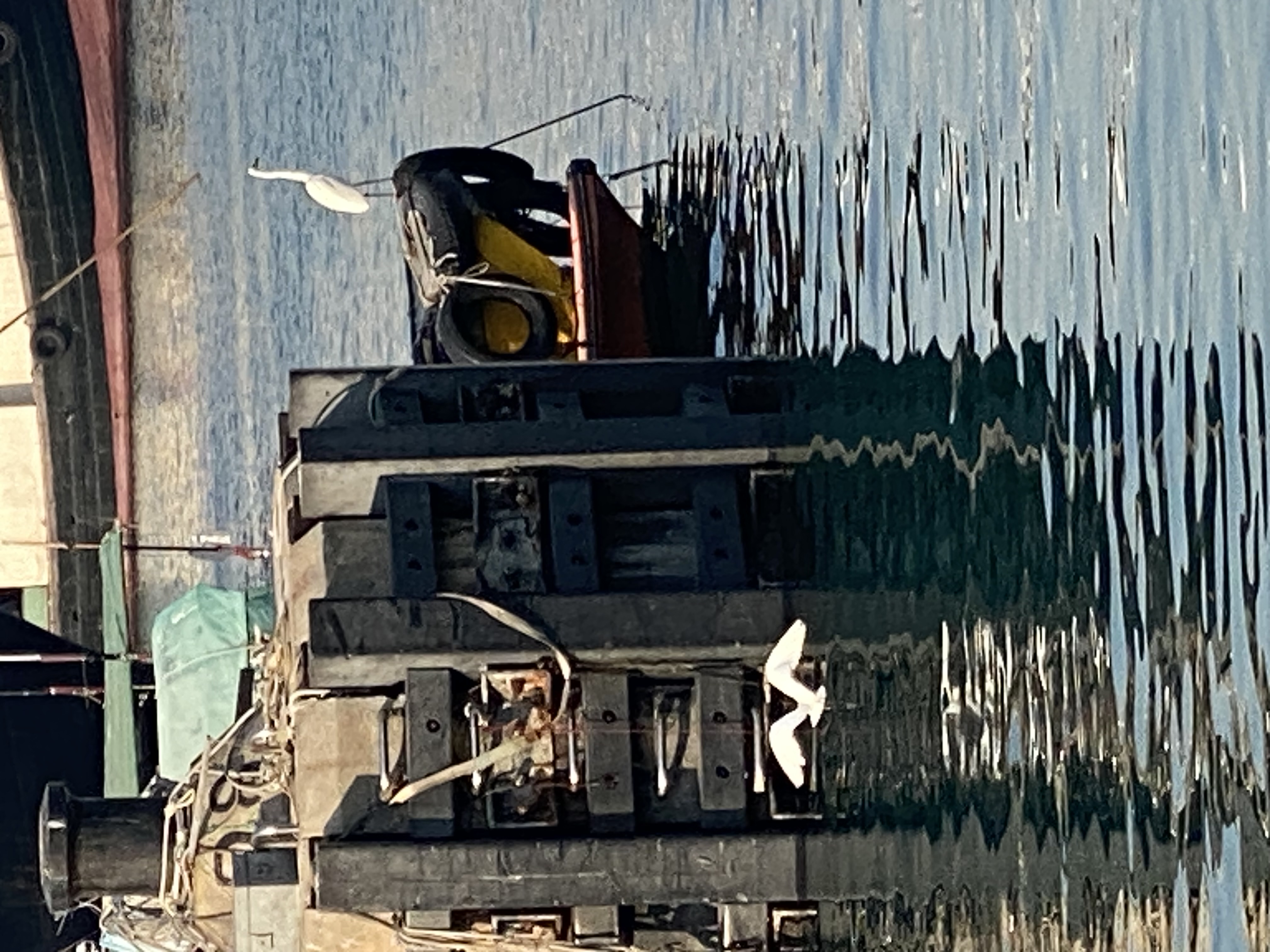 An egret(?) flying towards a pier and another one on a boat in the background.