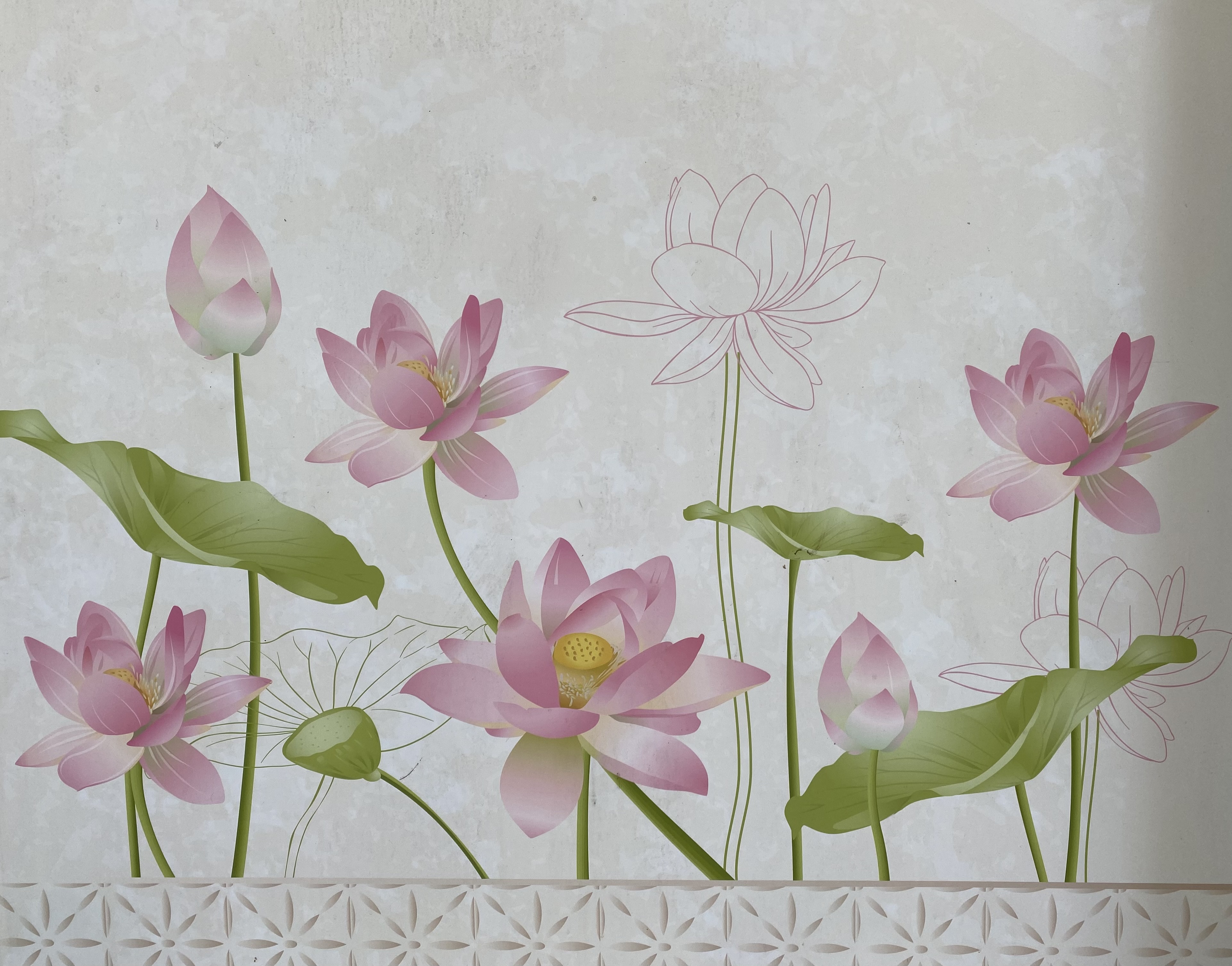 mural of pink lotus flowers on a white wall