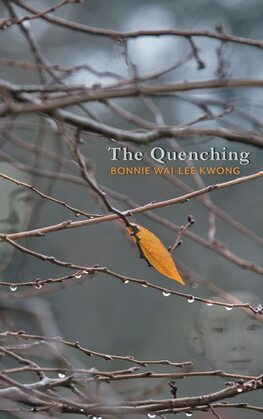 book cover of 'The Quenching', faint black and white photos of a young Asian boy on each side, photo of branches, a yellow leaf resting in the hook of a branch, above a row of raindrops on another branch