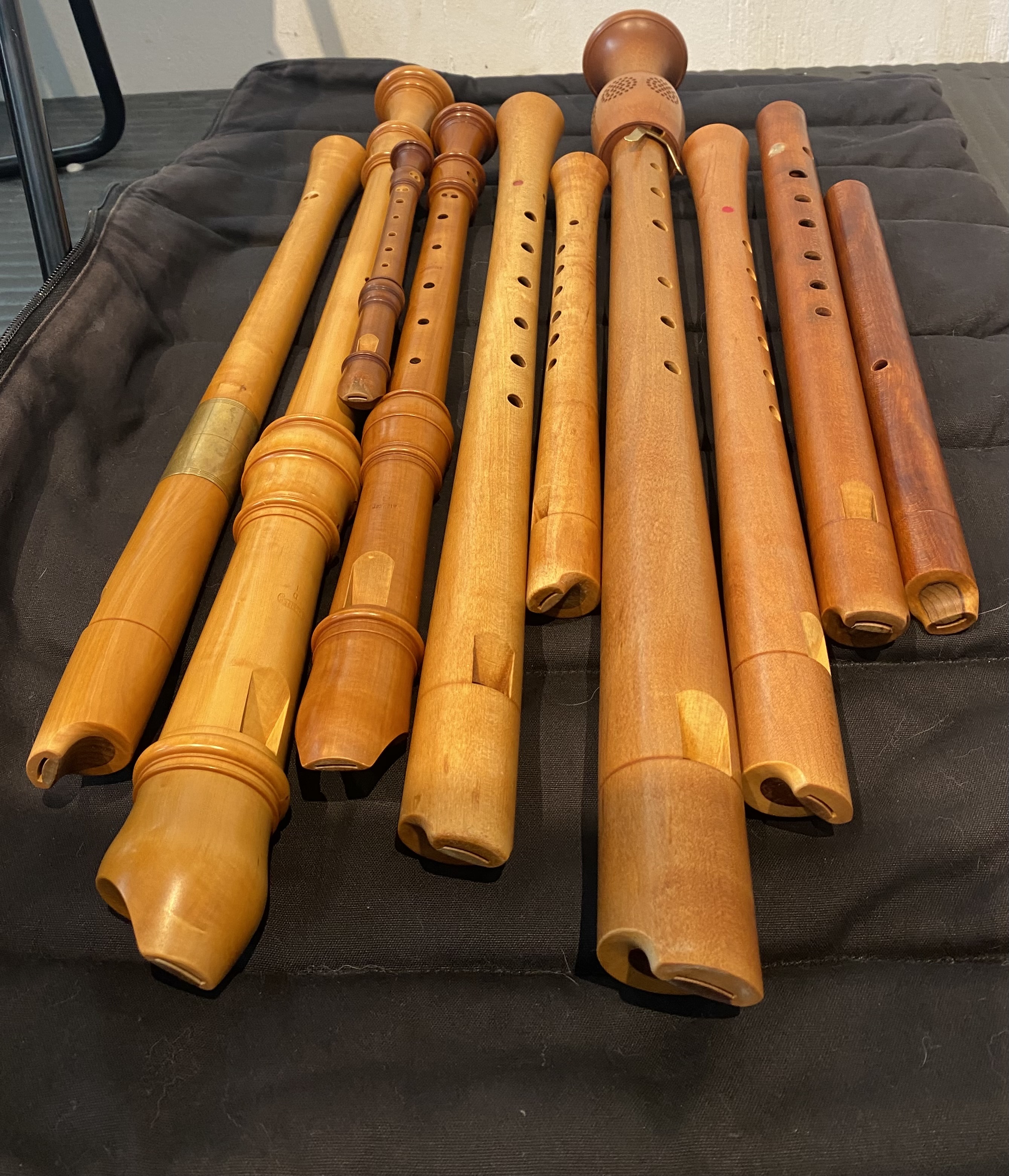 An array of ten wooden recorders of various sizes on a black zippered bag.